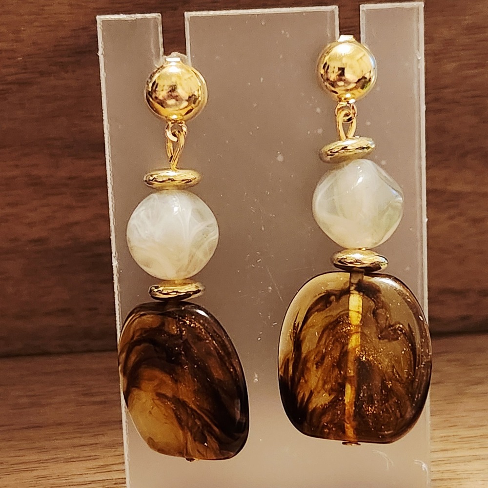 Amber Marbled Resin Drop Earrings Gold Tone Ball Stud Dangle Bohemian Jewelry